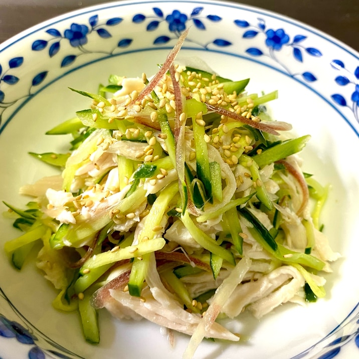 電子レンジでささみの酒蒸し　きゅうりと茗荷の和え物